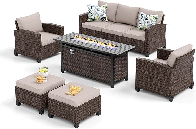 SUNSHINE VALLEY Patio Furniture Set Outdoor Furniture Brown Wicker Rattan Patio Conversation Sets with Cushion Outside Sofa Set,6 Pieces with Rectangular Firepit Table,7 Seats,Beige