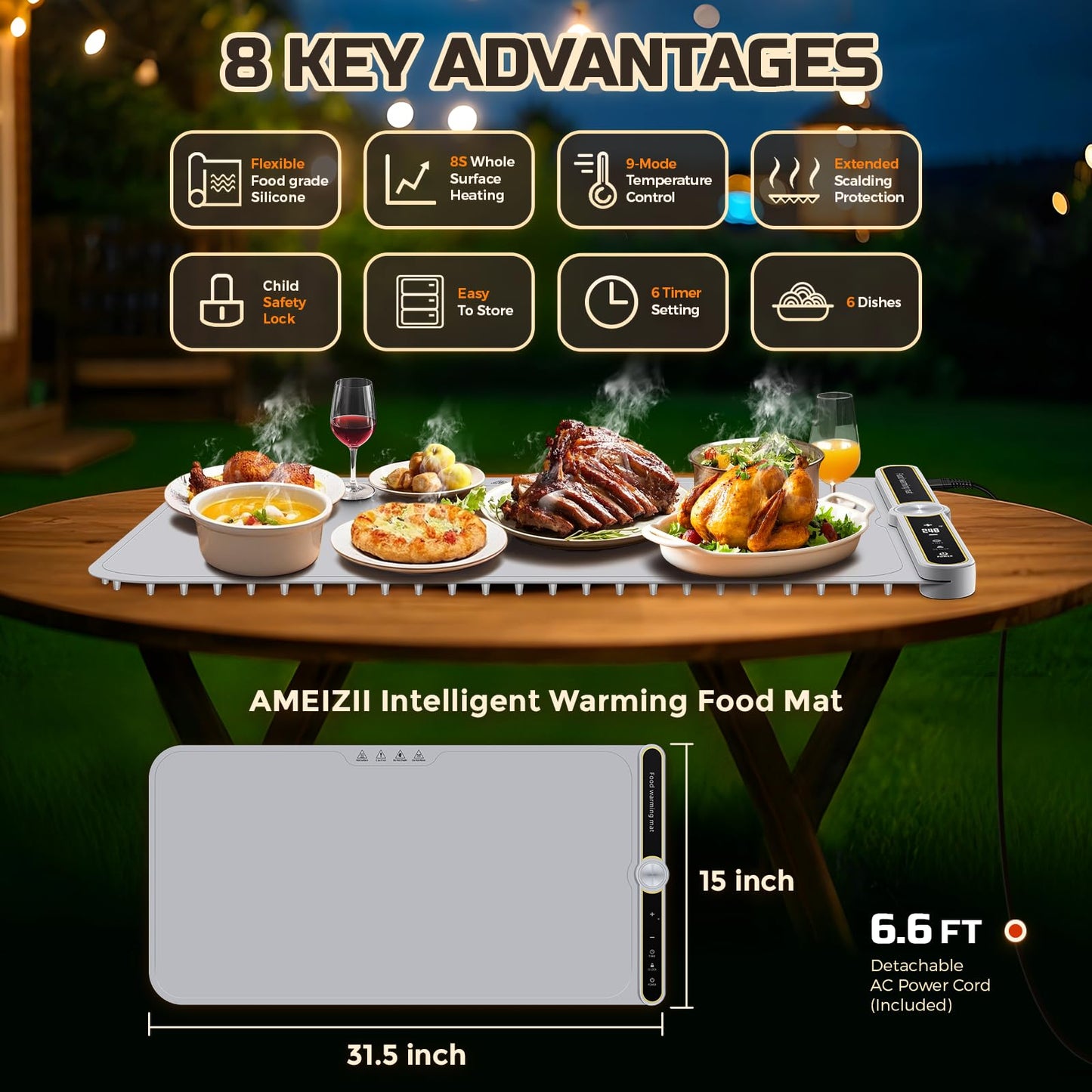 Warming Mat for Food - Extra Large 32"x15" Electric Warming Tray Warm 8 Dishes, 9-Temperature Adjustable, 1-6H Timer, Child Lock, 8s Fast Heating, Foldable Food-Grade Silicone Design