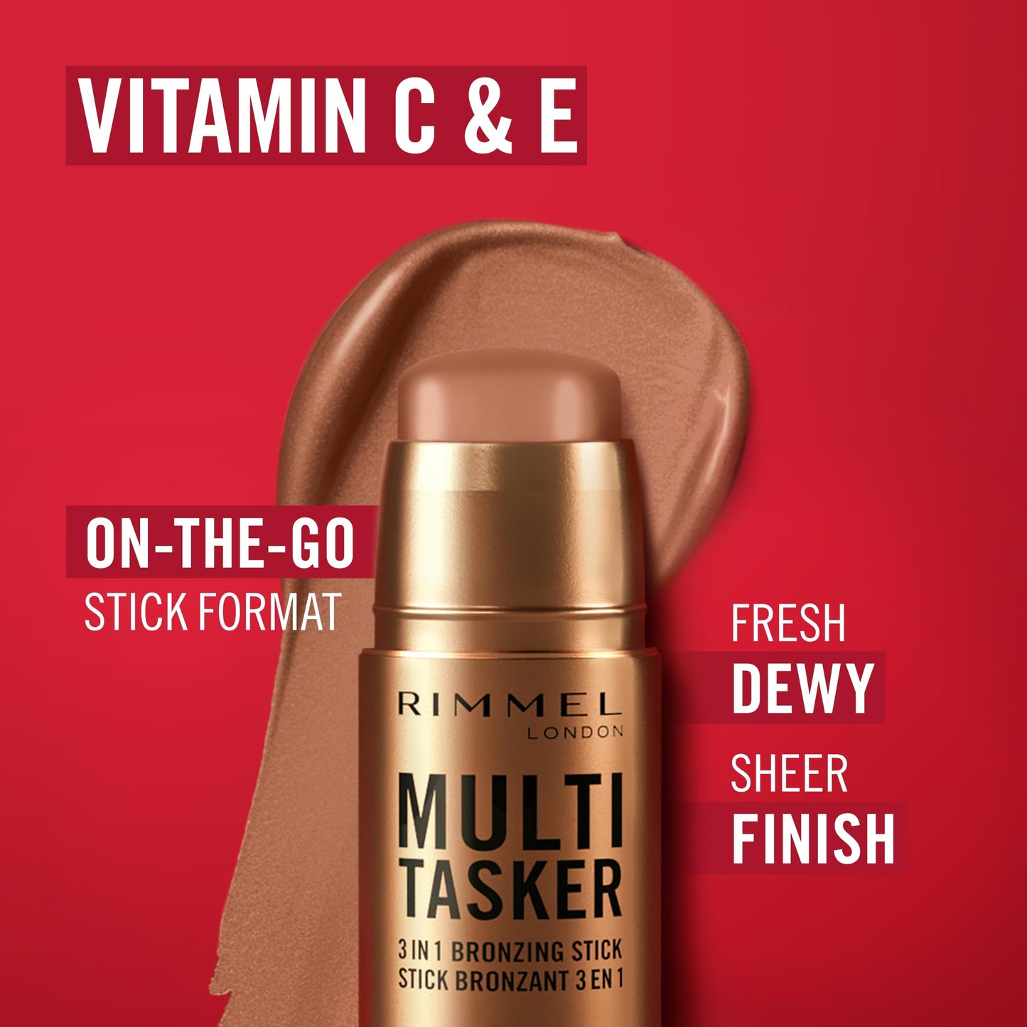 Rimmel Multi Tasker 3 in 1 Bronzing Stick, 004 Deep, Sculpted and Bronzed Glow, All-Day Wear, Sheer and Dewy Finish, Infused wit