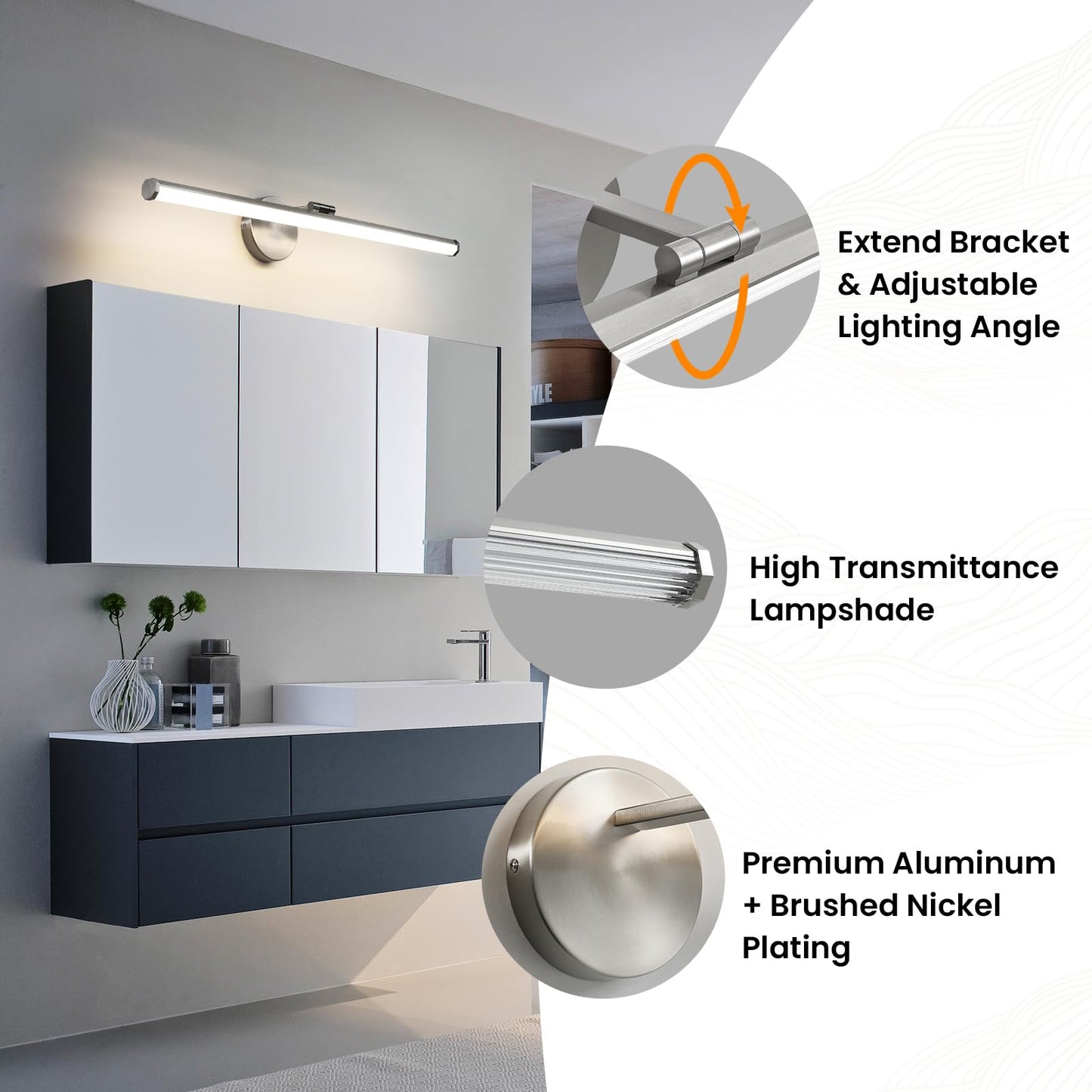 KAISITE Bathroom Light Fixture Over Mirror 30IN Brushed Nickel LED Vanity Light 24W 3000K Dimmable Modern Bathroom Wall Mount Lighting Fixture Rotatable Bath Vanity Light Bar