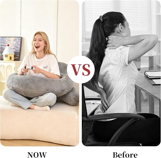 PAJEO Reading Pillow for Bed,U Shaped & Back Support Pillow for Bed,19" Backrest with Lumbar & Arm Support,Luxurious Faux Rabbit Fur,Gaming PillowFor Crochet/Reading/Watching TV,Gray