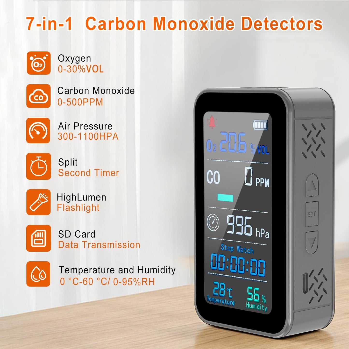 Portable Carbon Monoxide Detectors for Travel | 7-in-1 O2/CO Alarm with Air Pressure | Temperature, Humidity Sensors & 230-Hour Standby | Room Oxygen Monitor for Home, Hotel, Camping, RV