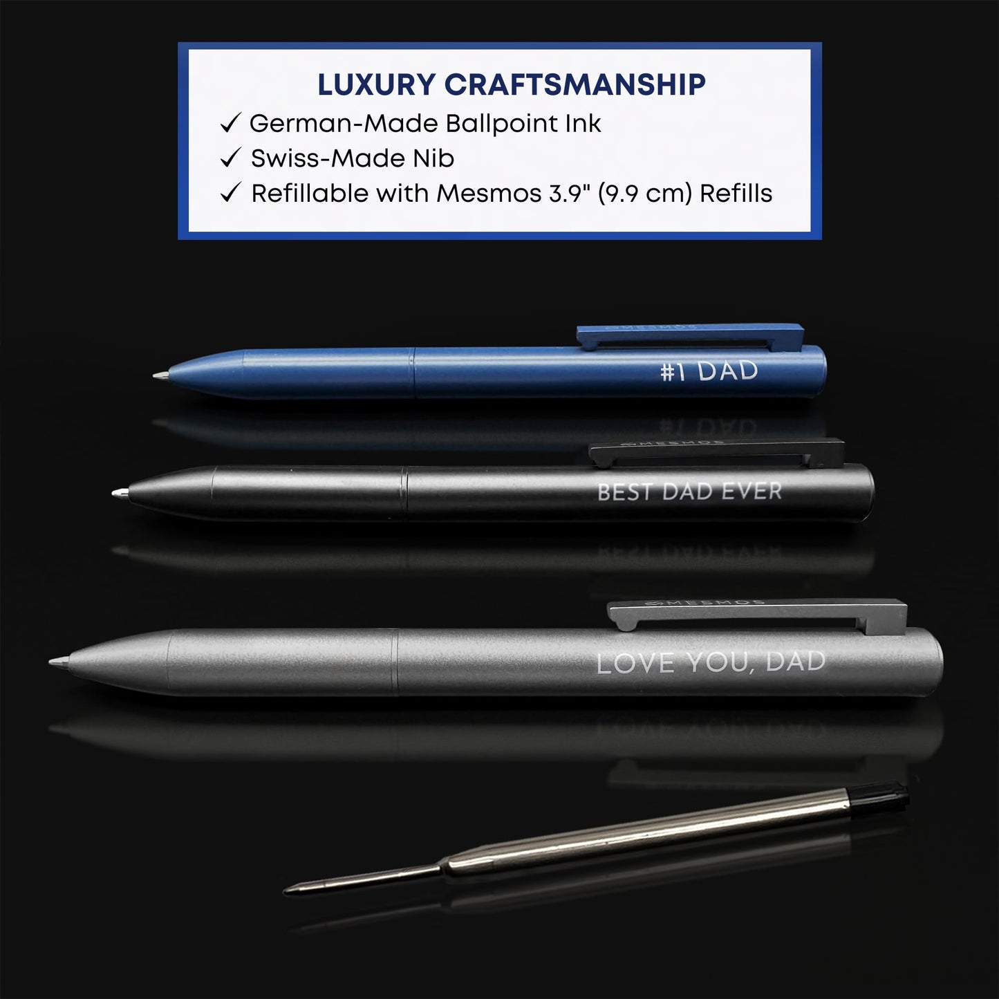 MESMOS 3Pk Luxury Fancy Pen Set, Birthday Gifts for Dad, Unique Gifts from Daughter Son Wife, Presents for Dad Birthday, Cool Black Best Ever Gift, Metal Ballpoint Pens