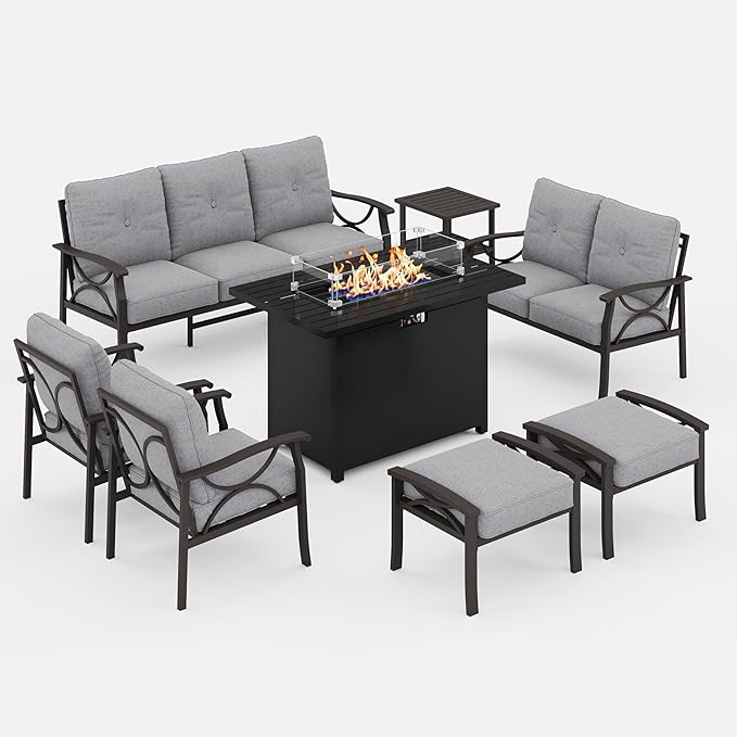 FansaFurn 8-Pieces Outdoor Patio Furniture Set with 43" Fire Pit Table, Metal Outdoor Sectional Furniture with Cushions, Outdoor Conversation Set for Garden, Balcony, Deck, Backyard, Grey