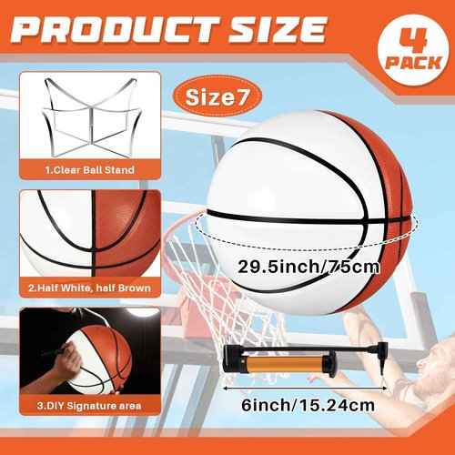 Hiboom Autograph Basketball with Acrylic Ball Stand Operation Christmas Signing Autograph Ball Panel Blank Signature Official for High School College Coach Gift(4 Pcs,White and Brown,Size 7)