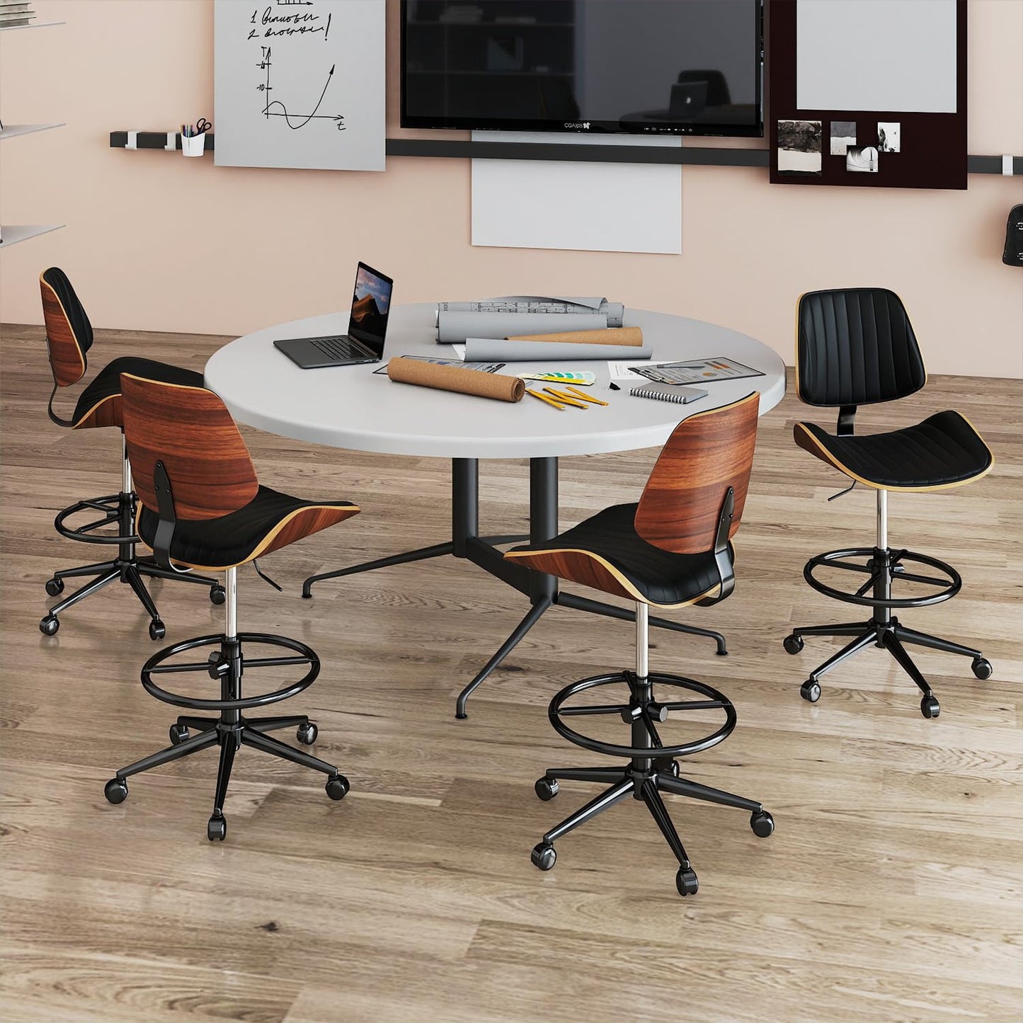 Rongbuk Drafting Chair, Ergonomic Office Chair with Walnut Wood Back Support, Armless PU Leather Desk Chair with Height-Adjustable, Thick Cushion for Home, Bar, Drafting, Office (Black)
