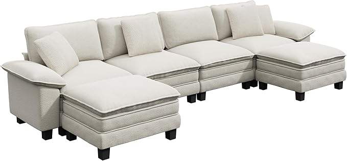 MIXPATIO 157-Inch U Shaped Sectional Sofa with Cloud Cushions, Deep Seat Modular Couch Set w/ 6 Seats & 2 Ottomans, Removable Arms, Plush Chenille Upholstery for Living Room, Apartment - Beige
