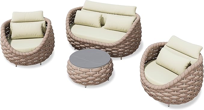 Erotr 4 Piece Aluminum Patio Furniture: Hand Woven Rope Sofa - Modern Outdoor Sofa Seating with Cushion - All Weather Patio Set for Deck, Yard, Garden, Poolside, Hotel - Terracotta