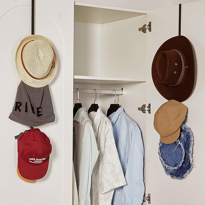 Aquzee Over the Door Hat Rack, 2 Pcs Over Door Organizer for Baseball Caps, 6 Hooks Metal Hanging Cap Racks, 3-Tier Hats Hangers Storage, Black Hanging Hat Holders for Closet
