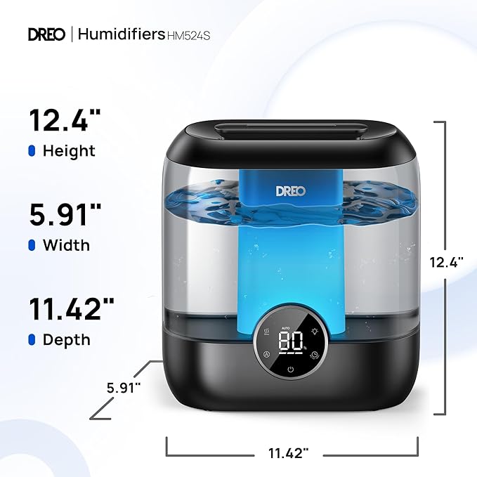 DREO Smart Humidifiers for Bedroom, 6L Top Fill Supersized Cool Mist Humidifier for Large Room, 60 Hour Runtime, Quiet Ultrasonic Humidifier for Plants, Baby, Indoor, Home, Night Light, Black