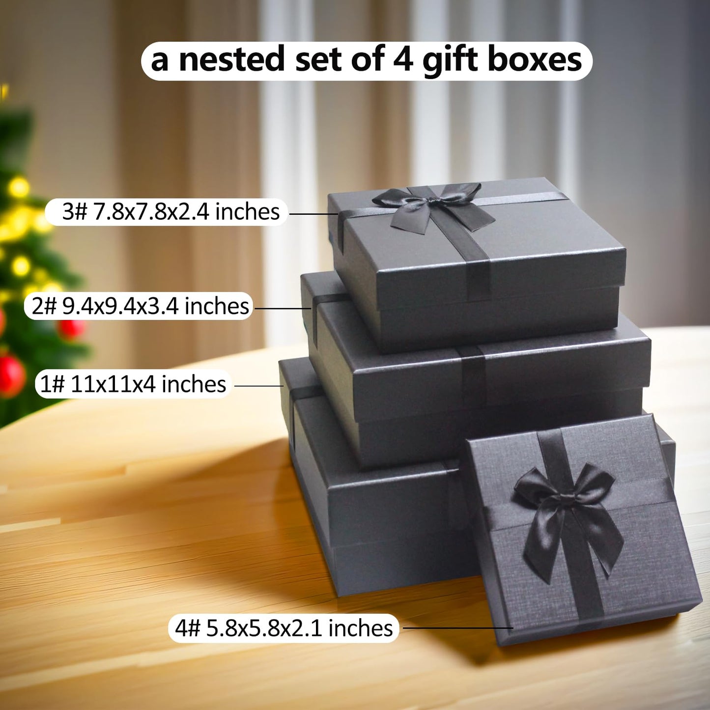 Black Gift Boxes with Lids, Set of 4 Nesting Presents Boxes for Gifts, Luxury Gift Wrap Boxes for Weddings, Birthdays, Anniversaris and All Gift Giving Occasions