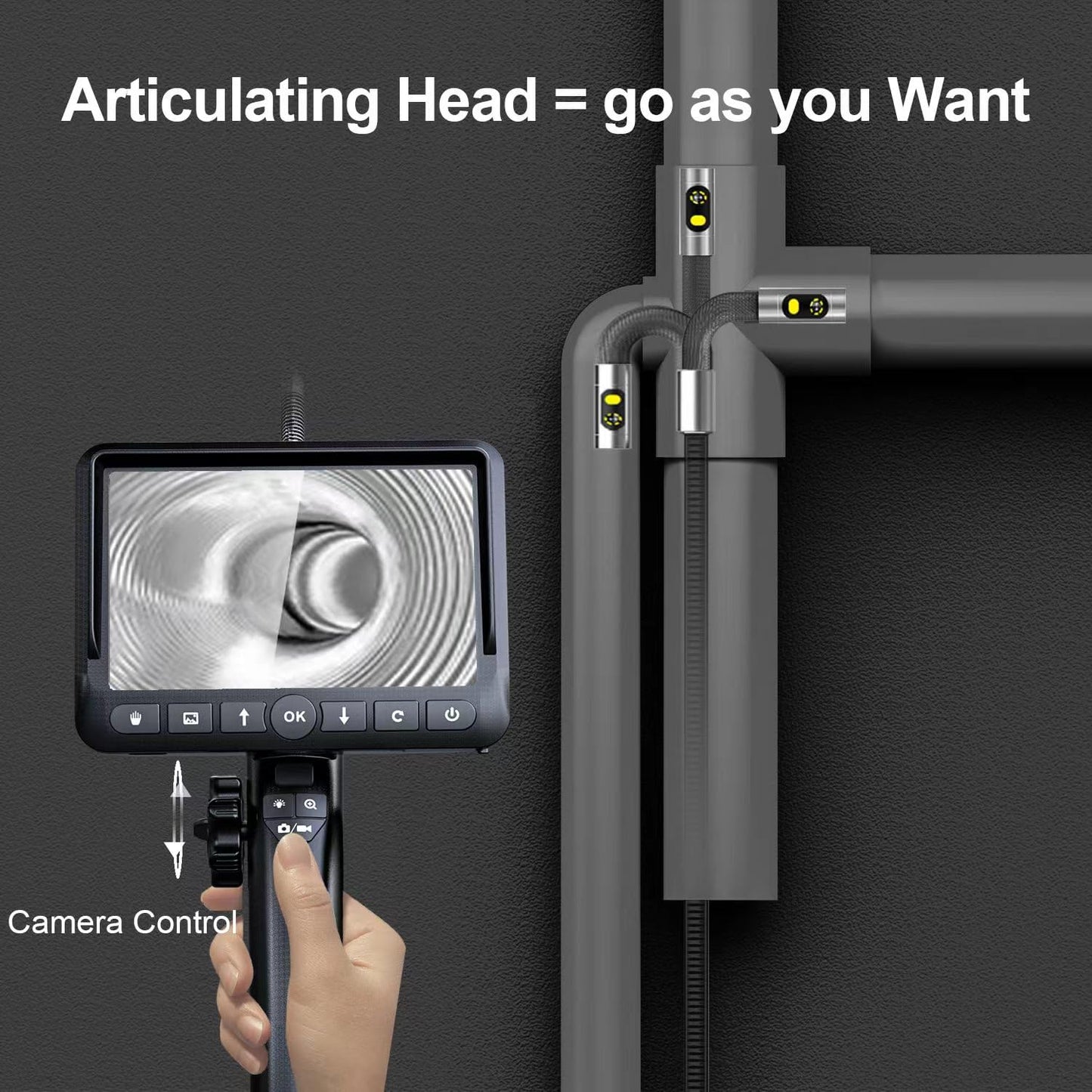 DXZtoz Dual-Lens Articulating Borescope with Light, 5'' Screen Engine Endoscope Inspection Camera with 0.33in Articulated Snake Camera, 1080P Videoscope for Automotive Home Mechanics-5FT