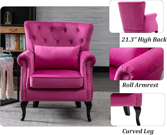 DM Furniture Mid Century Accent Chair Modern Button Tufted Armchair Wingback Club Chair Velvet Single Sofa Lounge Chair with Pillow for Living Room Bedroom, Rose Pink