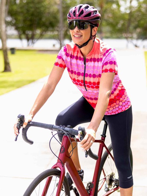 Terry Breakaway Mesh Short Sleeve Cycling Jersey Women UPF 50+ Sun Shirt 10 Inch Front Zip Relaxed Fit Reg. & Plus Sizes - Pink Dots, X Large