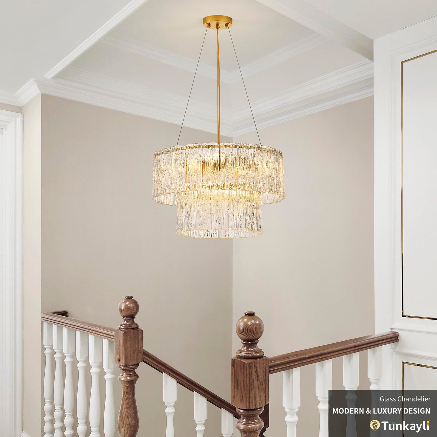 Tunkayli 20" Crystal Chandelier Modern Gold Glass Chandeliers 2-Tier Round Elegant Luxury Lighting 6-Light Drum Crystal Chandelier for Dining Room Kitchen Restaurant Foyer Bedroom Living Room