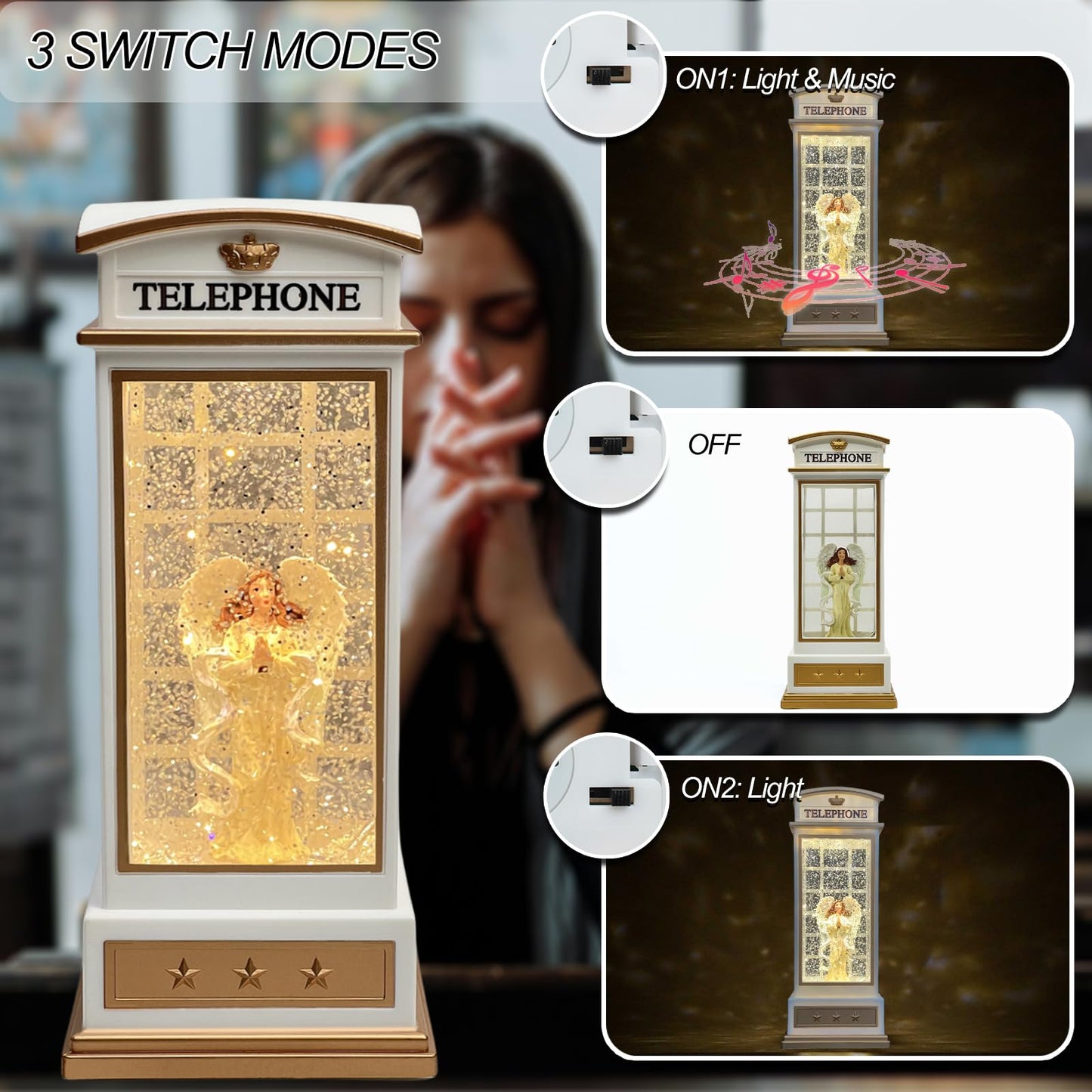 Christmas Snow Globe Lantern - Angel Scene Water Lanterns with Lights and Glitter - White Telephone Booth Decoration - USB or Battery Powered Musical Box for Adults Girls (Angel)