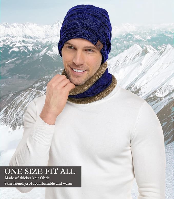 Mens Winter Beanie Hats Scarf Set Warm Knit Skull Cap Neck Warmer with Fleece Lined Winter Hat for Women
