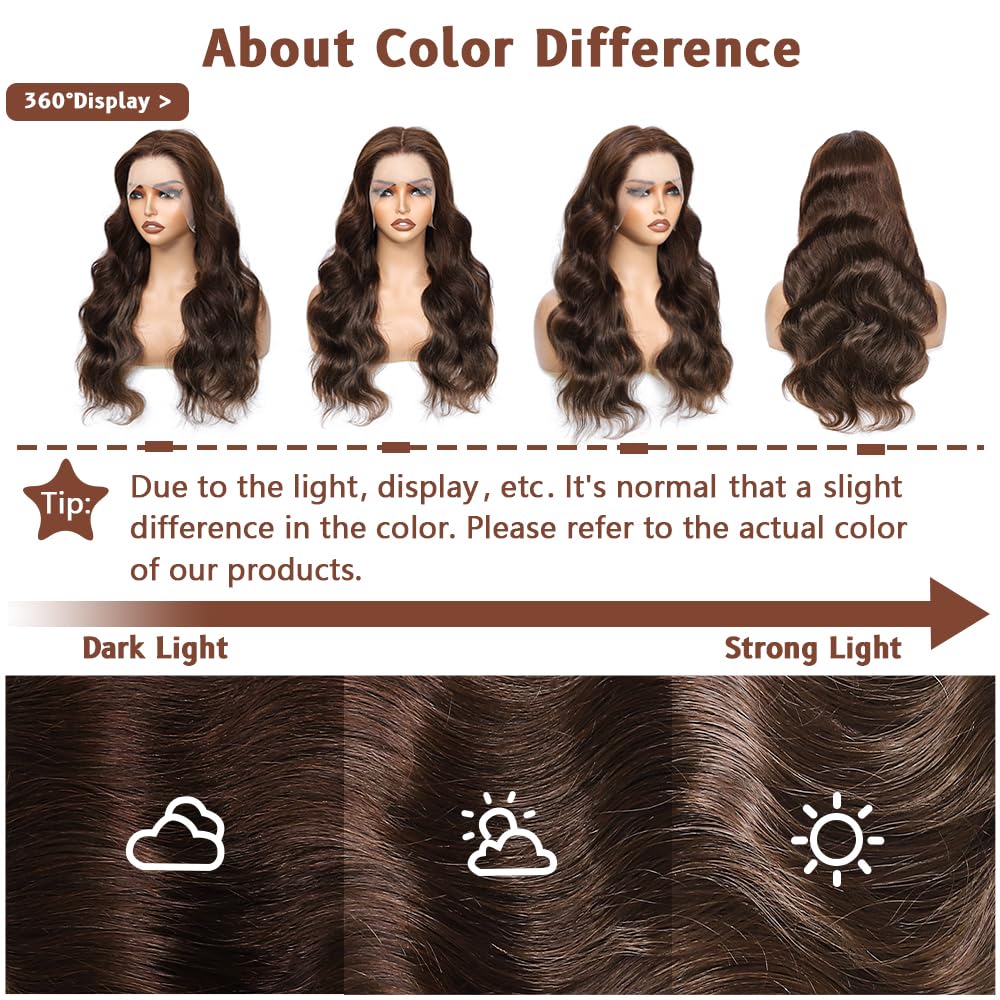 Aolvoblees 26 Inch Chocolate Brown Body Wave 250% Density 13x4 HD Pre Plucked Lace Front Wigs Human Hair Frontal Glueless Colore