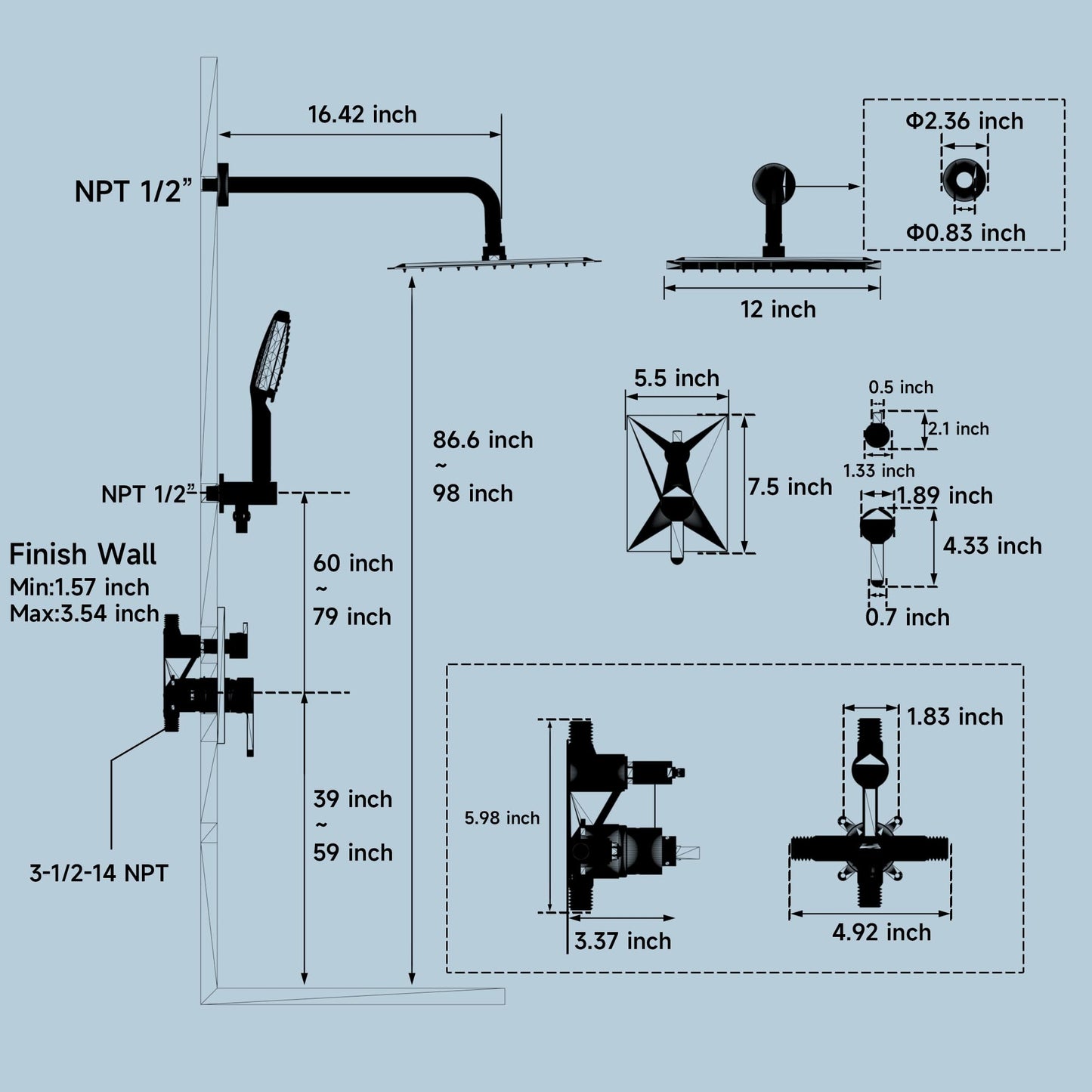 Lavatrum Shower Faucet Set Wall Mounted Shower head with Handheld Comb Rain System 6 Function Pressure Balance - Stainless Steel Bathroom Shower Kit Complete 12 Inch Matte Black(With Valve)
