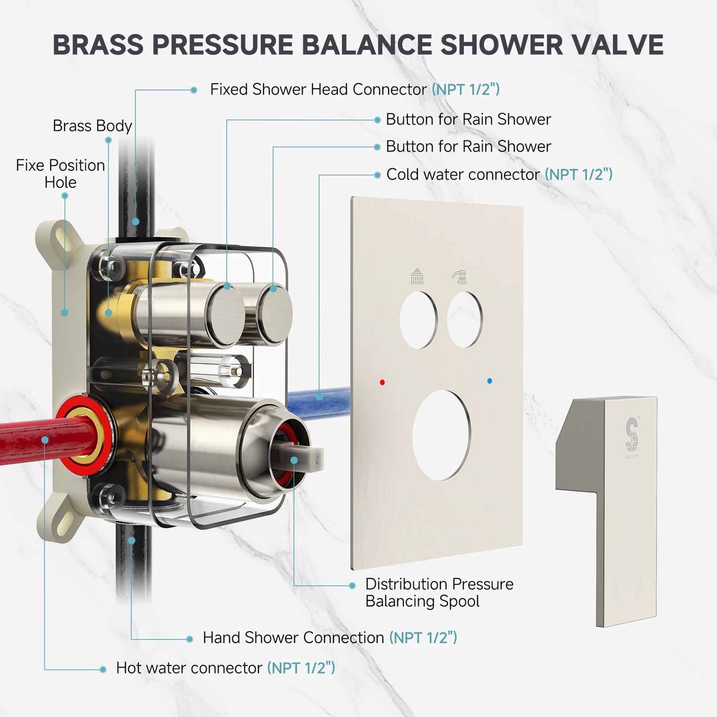 SR SUN RISE Shower System with Push Button Diverter, Wall Mounted Luxury 12 Inch Rain Shower Head with Handheld Spray, High Pressure Shower Faucet Combo Set with Rough-in Valve, Brushed Nickel