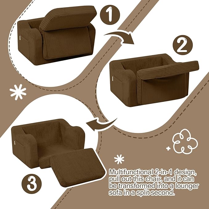 MeMoreCool Toddler Lounge & Sofa Bed Chair – Corduroy, Brown, Ages 1‑3 | 2‑in‑1 Fold‑Out Kids Couch & Pull‑Out Recliner for Playtime, Nap Time & Lounging