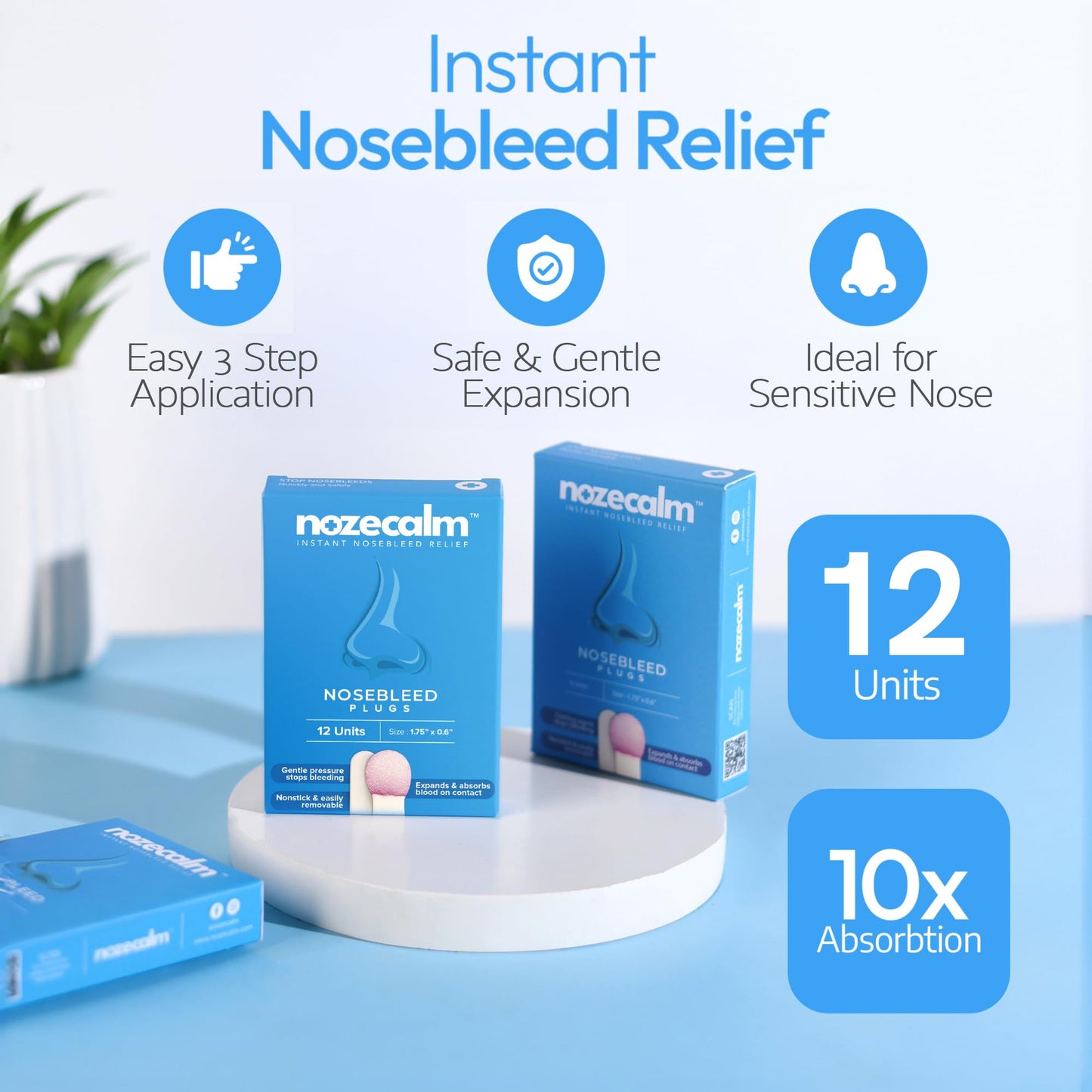NozeCalm Nose Bleed Stopper - Nasal Plugs for Kids, Adults & Seniors, Instant-Acting Non-Stick Plugs - Disposable Zero-Chemical Bloody Nose Solution for Emergency Supplies & Travel - 12 Counts