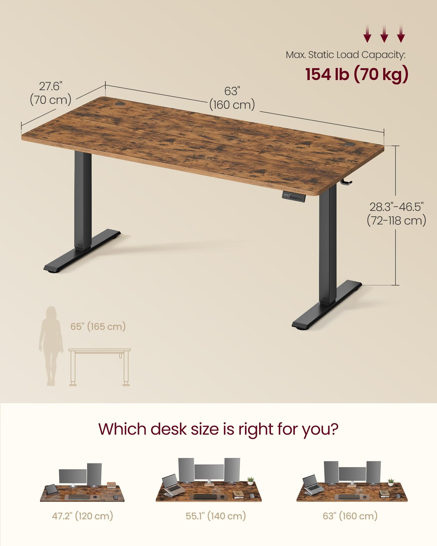 VASAGLE Electric Standing Desk, 63 x 27.6 Inches Height Adjustable Desk, Sedentary Reminder, 4 Memory Heights, for Home Office, Rustic Brown ULSD316KD02S