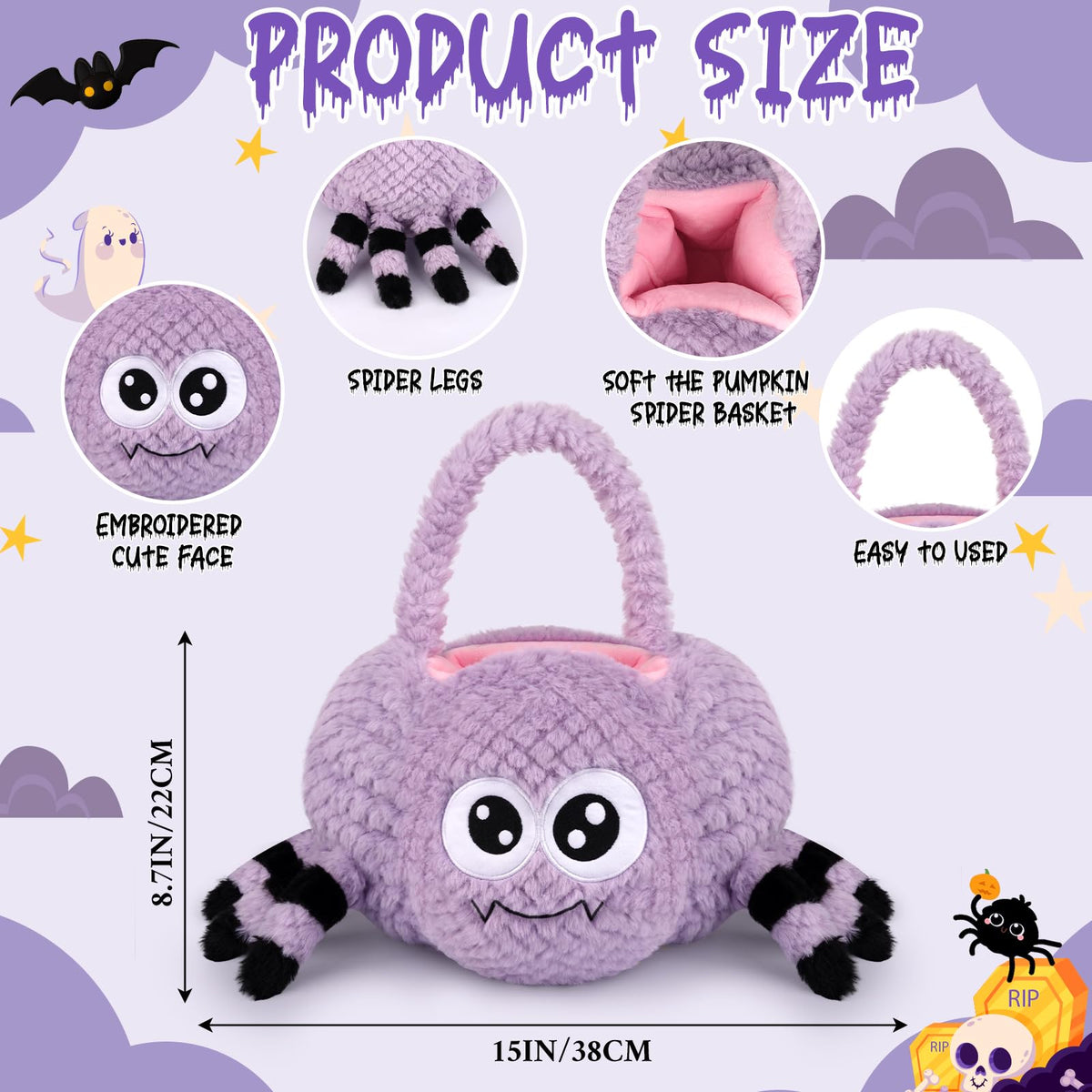 JIZWPOOM Halloween Basket, Purple Spider Plush Halloween Basket for Kids, Trick or Treat Bucket, Pumpkin Bucket with Handle, Spooky Gift Candy Storage, Halloween Party Home Decoration Bins Favors