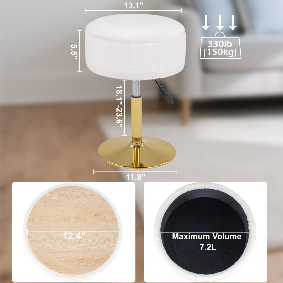 LITZFUR Adjustable Vanity Stool for Makeup Room, 360° Swivel Gold Vanity Chair, Faux Fur Round Storage Ottoman Footrest for Living Room Bedroom, White