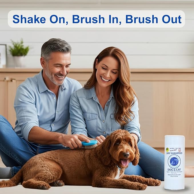 Sit. Stay. Forever. Dry Shampoo for Dogs & Cats – Organic Dry Bath Powder, Talco para Perros, Hypoallergenic, Odor Control for Smelly Dogs, No-Rinse, Anti-Itch, Safe & Natural, Made in The USA, 28 oz