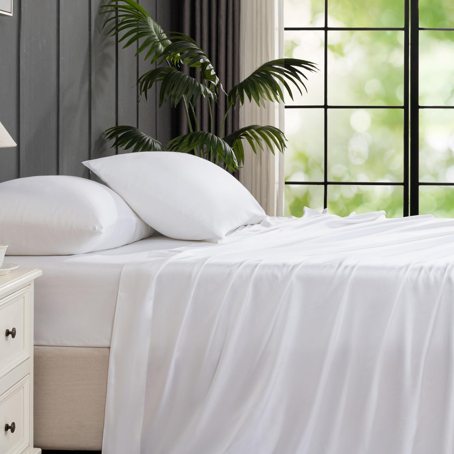 Yibeizi White 100% Viscose Derived from Bamboo Sheet Set Queen Size, 4 Pieces Cooling Silky Bed Sheets for Hot Sleeper, Luxury Soft Deep Pocket Fitted Bedsheets