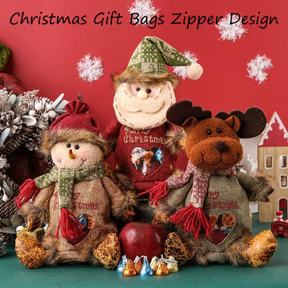 Yrcasu Christmas Gift Bags Zipper Design, Large Capacity Christmas Gift Bags, Reusable Christmass Gift Storage Bags - 3 Shapes (Snowman, Santa, Elk) for Chritmas Party Decor Candy and Gift (6Pcs Mix)