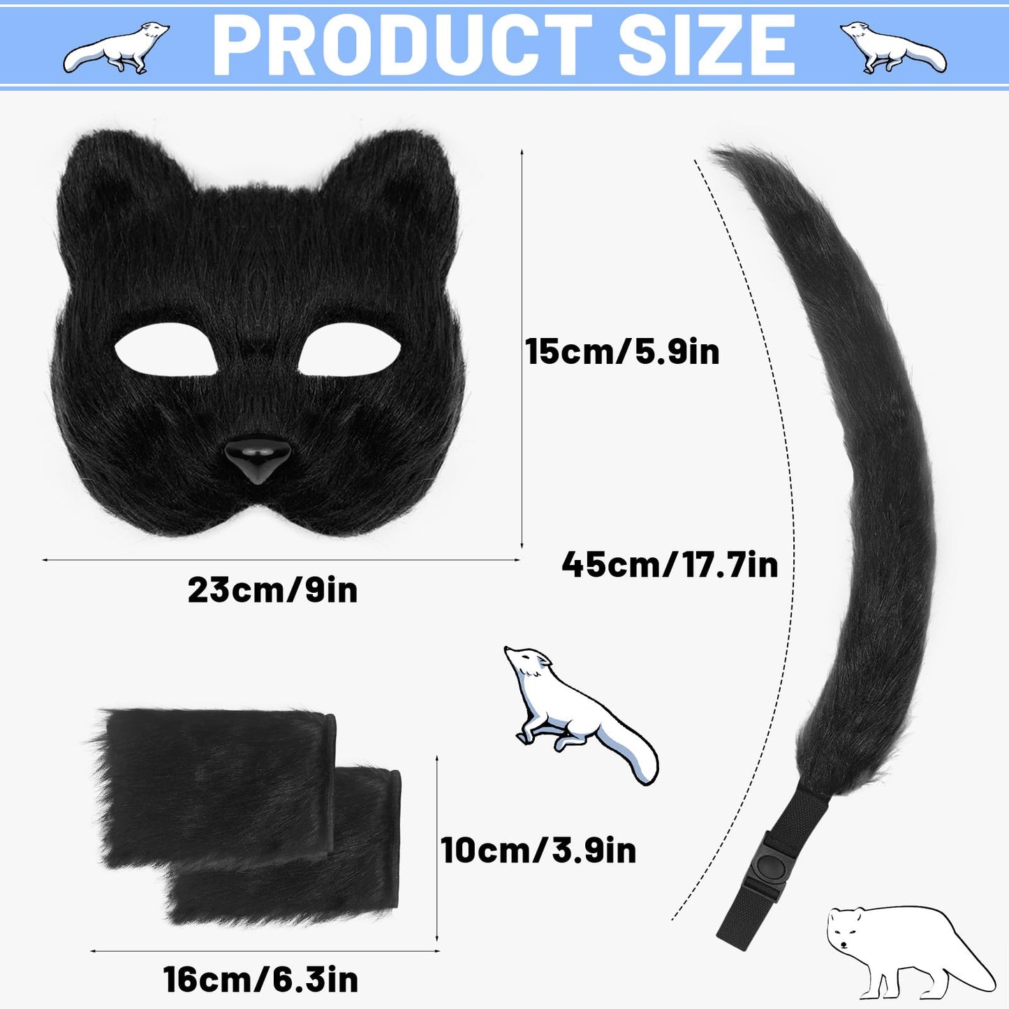 FunMular Therian Mask and Tail Cat Masks Animal Tail Fox Glove Set Furry Paws for Halloween Party Costume (Black)