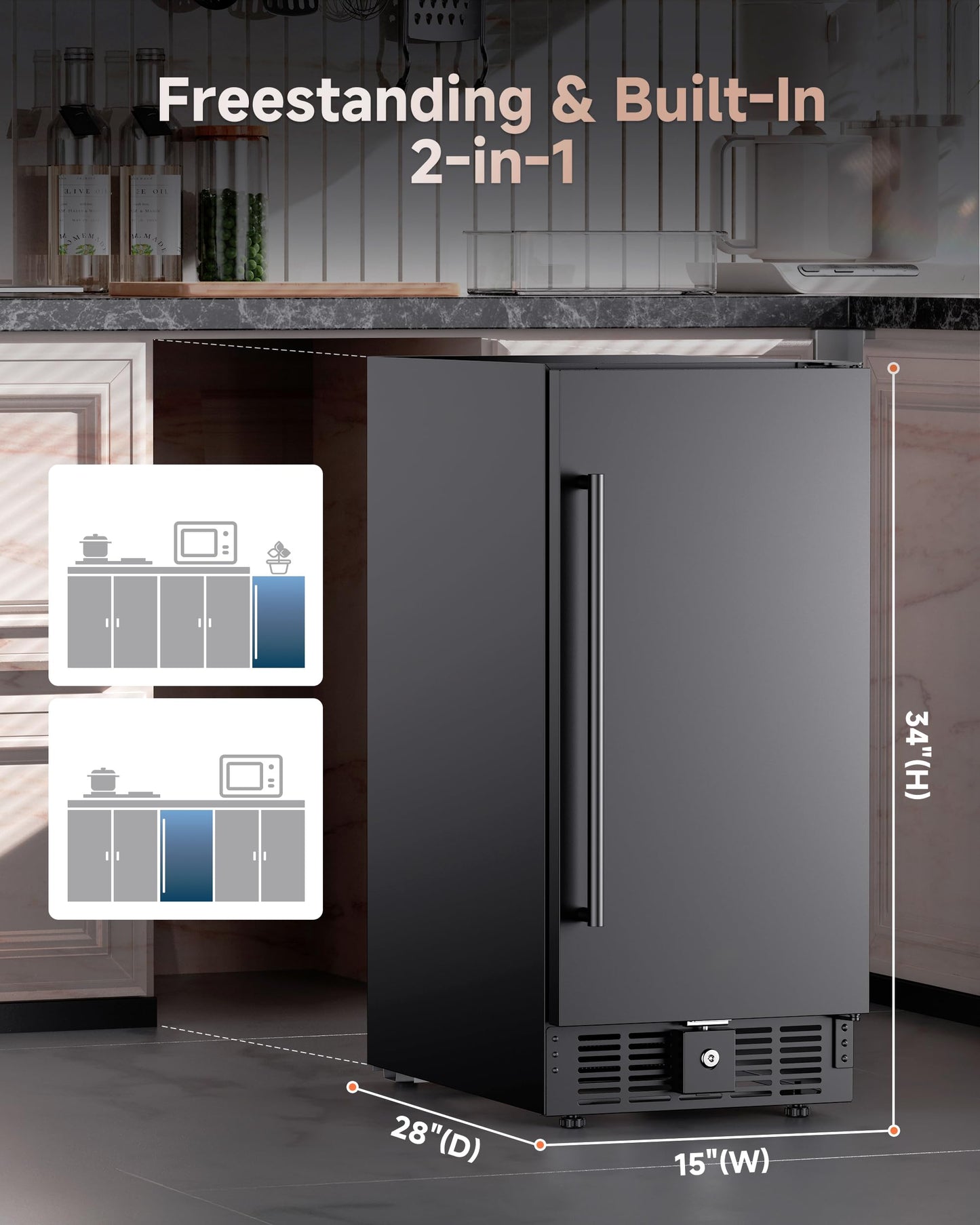 ICEVIVAL 15 Inch Under Counter Beverage Refrigerator, 128 Cans Outdoor Fridge with Adjustable Glass Shelves, ≤45dB Quiet Small Beverage Refrigerator for Outdoor Kitchen & Patio (Black)