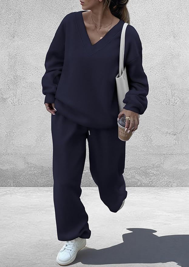PRETTYGARDEN Casual Winter Two Piece Sets for Women 2026 V Neck Sweatshirt Loose Wide Leg Pants Tracksuit Knit Fall Outfits