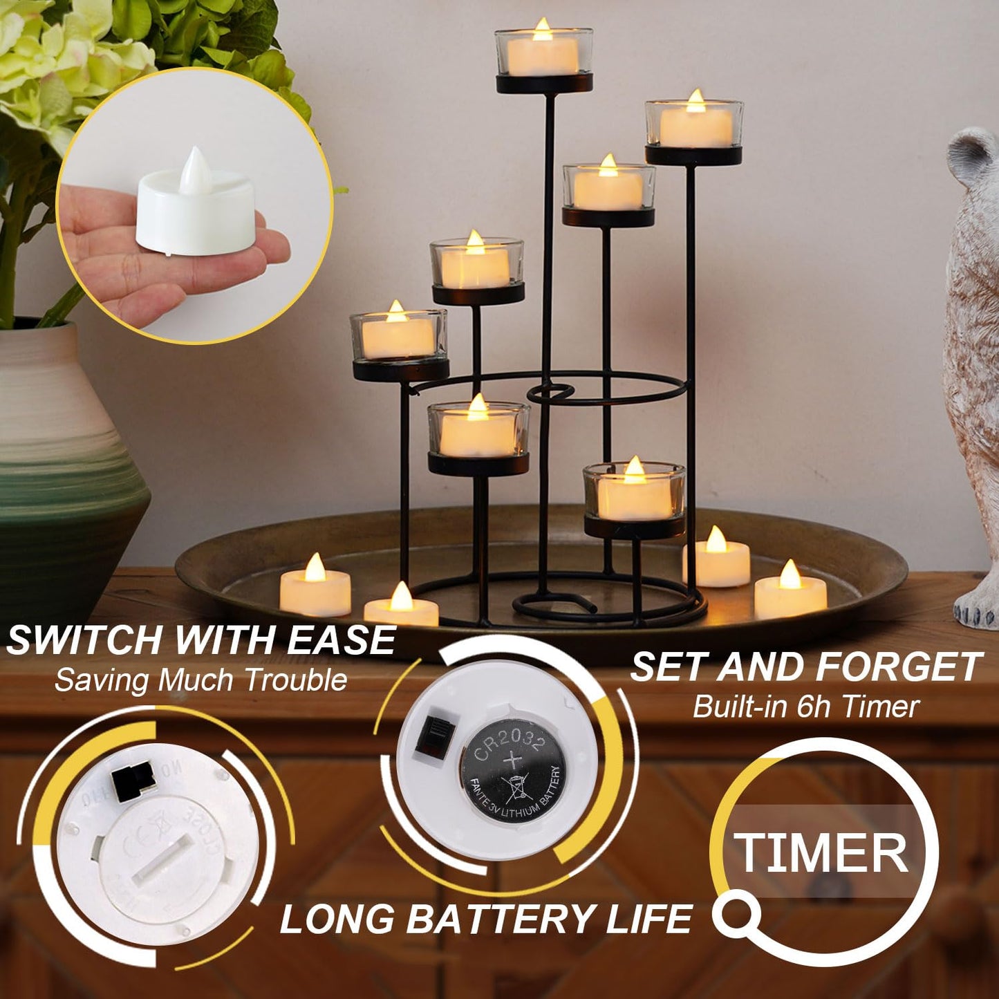 BEICHI 24pcs Battery Operated Tea Lights with Timer, Built-in 6 Hours Tea Light, Warm White Flickering Electric Tea Candles with Timer, 1.4'' Dia x 1.25'' H, LED Flameless Candles with Timer