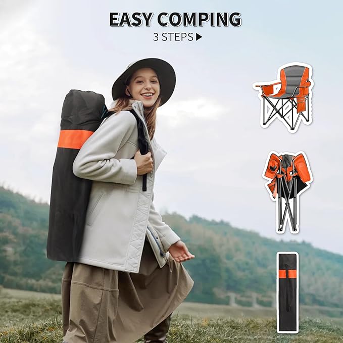 LANMOUNTAIN Oversized Padded Camping Chairs for Adults,Heavy Duty Support 400 Lbs,Folding Portable Lawn Chair w/Cup Holder,Cooler Bag,Side Pocket,Perfect for Outdoor Picnic,Hiking(Orange)