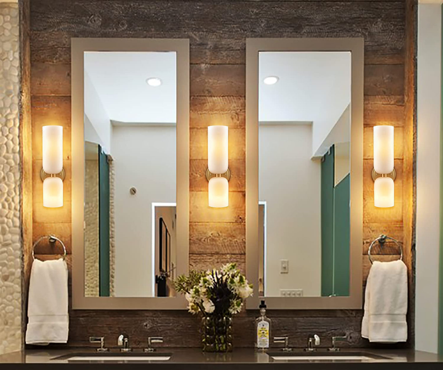 DEYNITE Gold Wall Sconces Set of Two 2-Light Modern Wall Light 3.93"(W)*14.2"(H) Bathroom Vanity Light Milky White Glass
