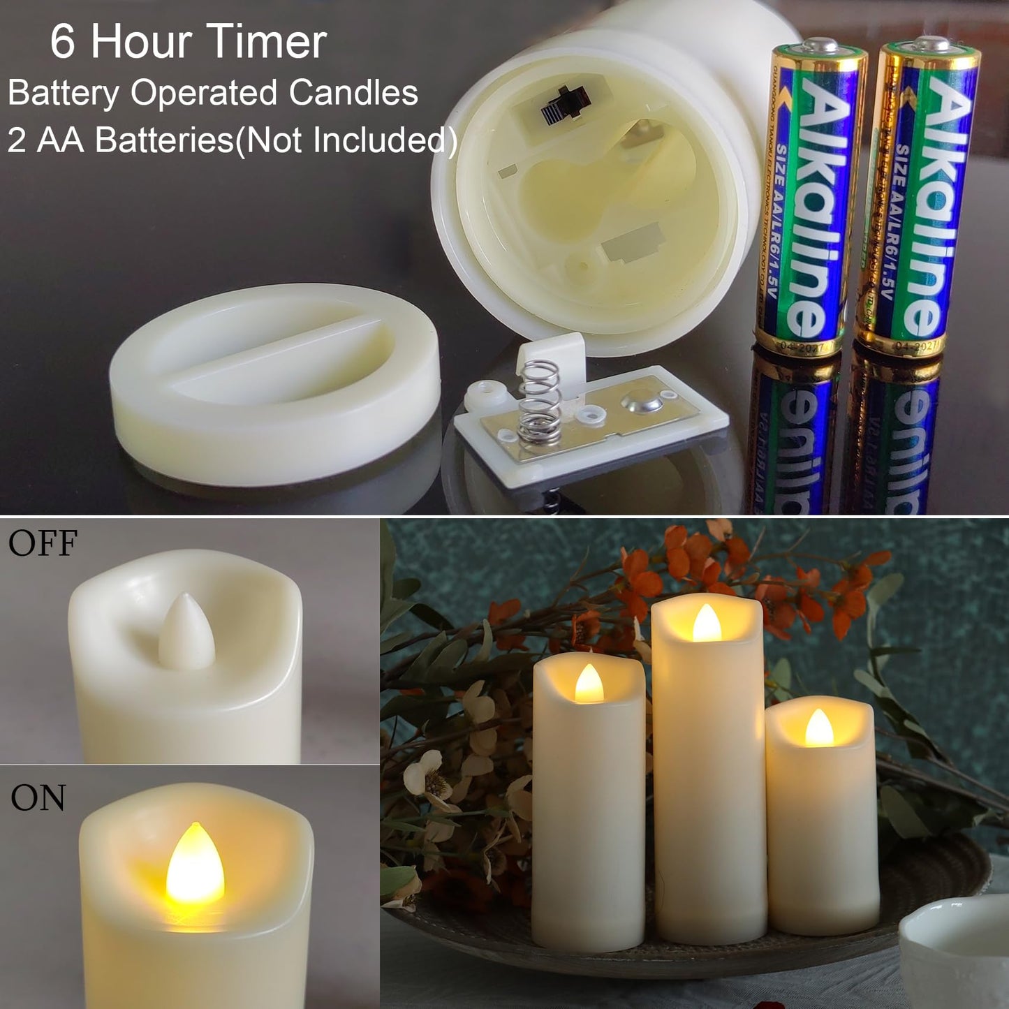 6 Pack Battery Operated Candles 2"x4"/5"/6" Plastic Flickering LED Flameless Candles with Timer Outdoor Waterproof Wedding Party Halloween Christmas Decoration Gifts Realistic Slim Tall Pillar Candles