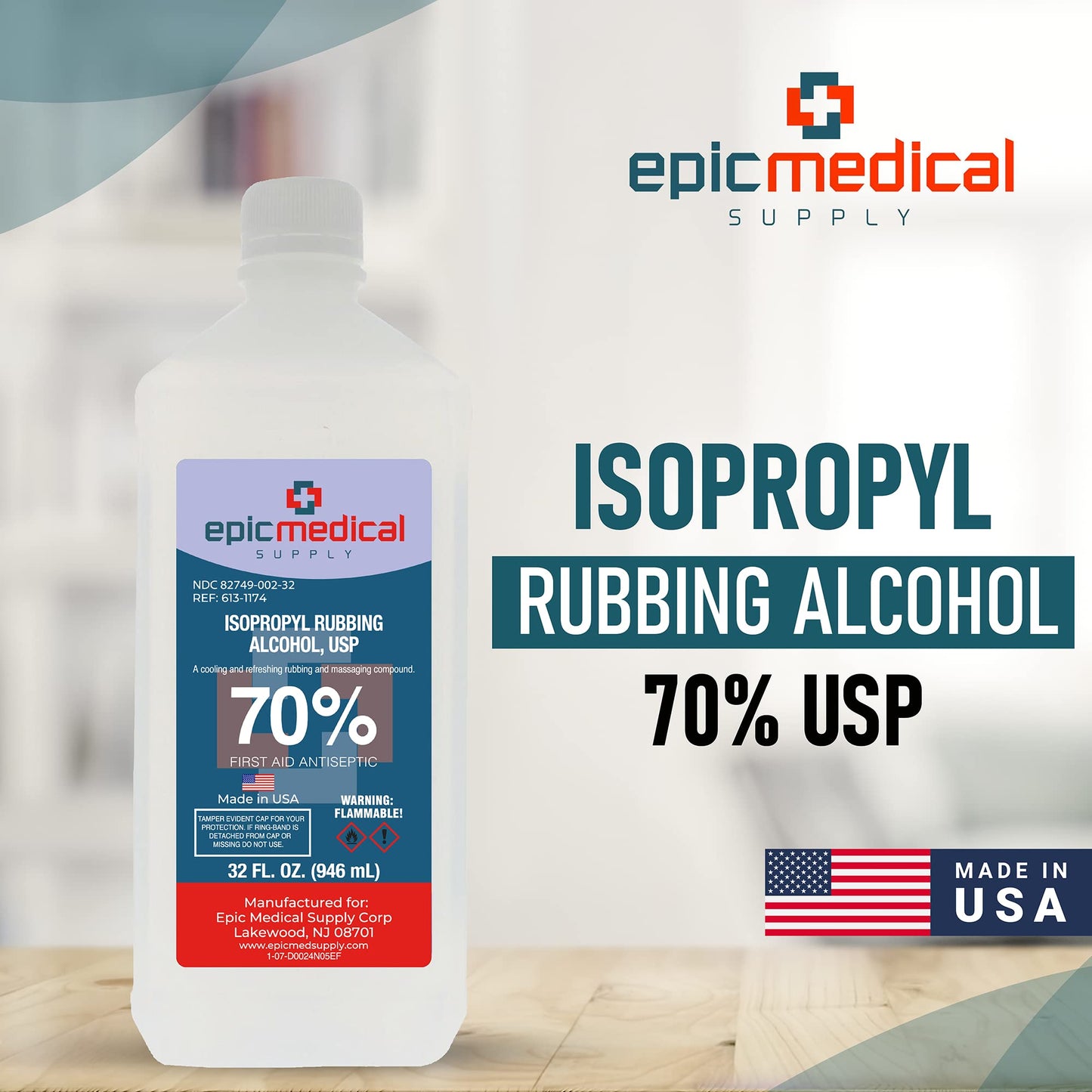 Epic Medical Supply Isopropyl Rubbing Alcohol 70% USP, 32 oz. Bottle, Multipurpose First Aid Antiseptic for Minor Wounds, Cuts, and Scrapes (32.00 Fl Oz Pack of 2)