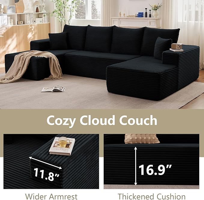Sectional Cloud Couch for Living Room, Modular Floor Deep-Seat Sofa, Big Comfy Corduroy Couches Set with Fluffy Memory Foam, Stupendous U Shaped Sofas, No Assembly Required, Black