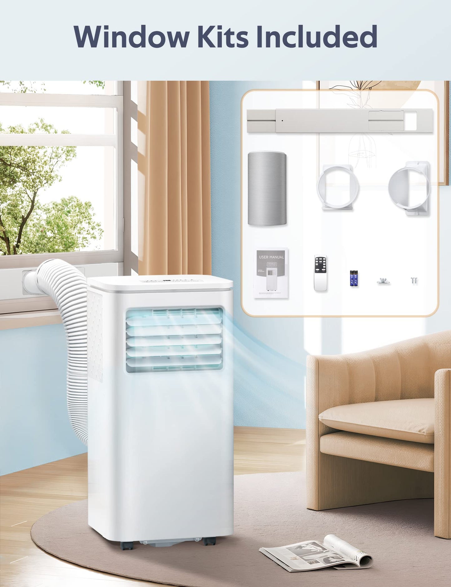 ZAFRO 8,000 BTU Portable Air Conditioners, Air Conditioners for Room up to 350 Sq.ft, Portable AC Unit with Remote/Digital Display/24Hrs Timer/Installation Kits for Home/Office/Dorms, White