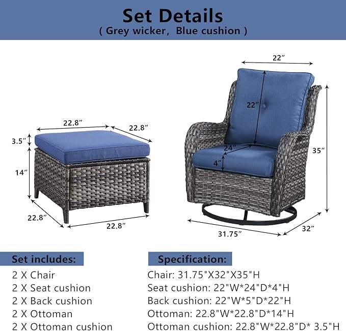 Belord 4 Pieces Patio Furniture Sets, Wicker Patio Swivel Glider Chair with Ottomans, Outdoor Furniture Set for Outside Porch, Deck, Balcony, Garden