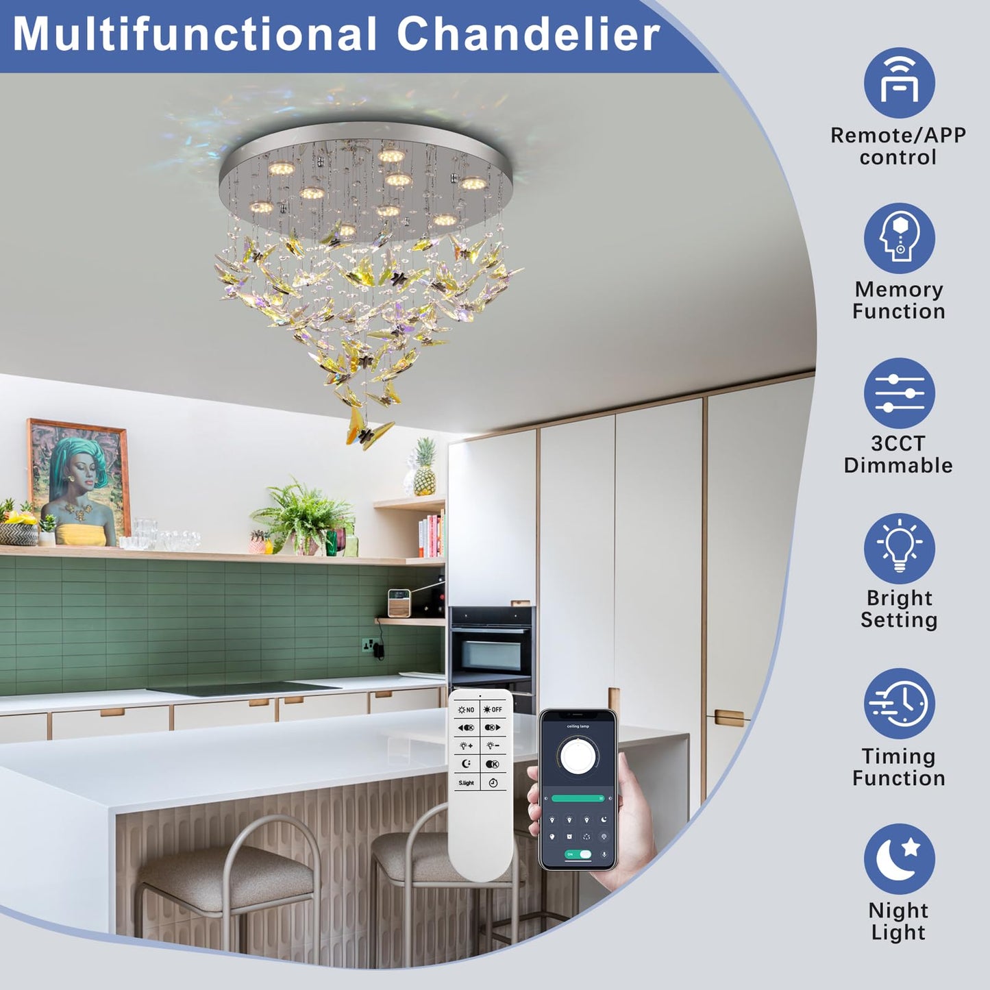 Modern Crystal Chandelier, 24 inch Flush Mount Crystal Ceiling Light with Remote and APP Control, 3CCT Dimmable, Elegant Butterfly LED Chandeliers for Bedroom Dining Room Living Room Foyer Entryway