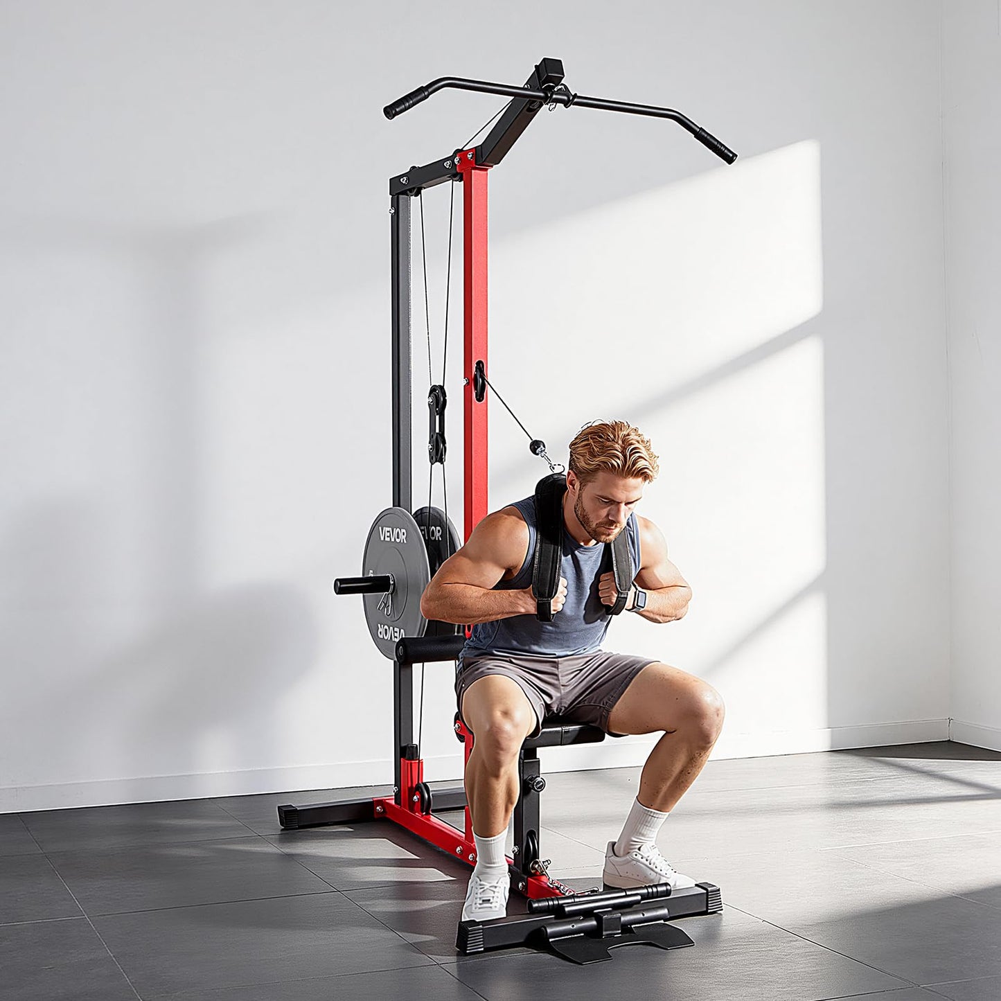 VEVOR LAT Pull Down Machine, 3-in-1 Row Cable Machine, Cable Machines Home Gym with 3-Level Adjustable Seat, 4-Level Adjustable Foam Roller, Load 400 lbs LAT Tower for Back, Chest, Tricep, Black