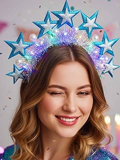 Yokawe LED Light Up Star Headband for Women,Blue Silver Glitter Stars, Iridescent Tinsel Crown with Pearls, New Year Chris...