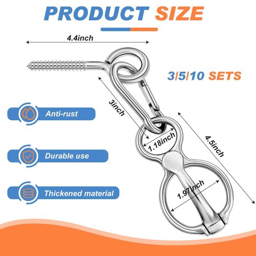 Nuenen Horse Tie Ring Stainless Steel Horse Tack and Supplies Safety Accessories with Eye Bolts and Snaps Saddle Training Equipment for Pulling(Silver,10 Sets)