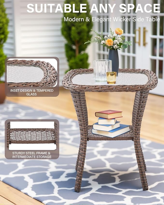 Belord 6-inch Thick Cushion Patio Furniture Set - Outdoor Swivel Rocker Glider Chairs Set of 4 with Glass Top Side Table, All-Weather Wicker Patio Conversation Set for Deck Balcony Sunroom