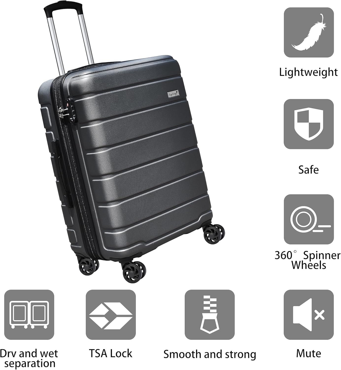 KEYTANG Explorer Lightweight Hardshell 20% Expandable 3-Piece Luggage Set with TSA Lock, Double Spinner Wheels, and Carry-On Suitcase, Grey