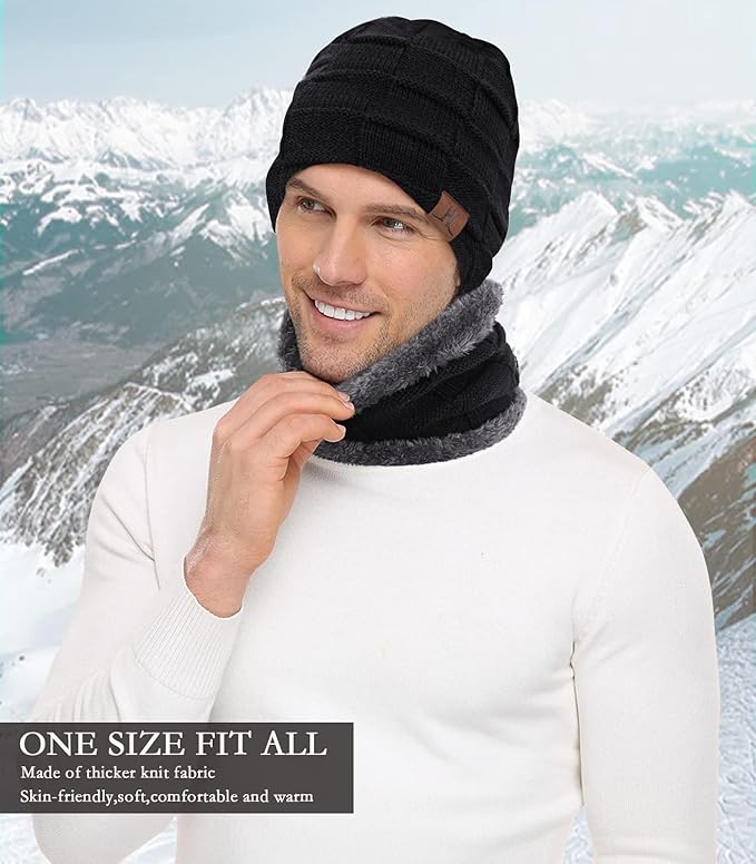 Mens Winter Beanie Hats Scarf Set Warm Knit Skull Cap Neck Warmer with Fleece Lined Winter Hat for Women